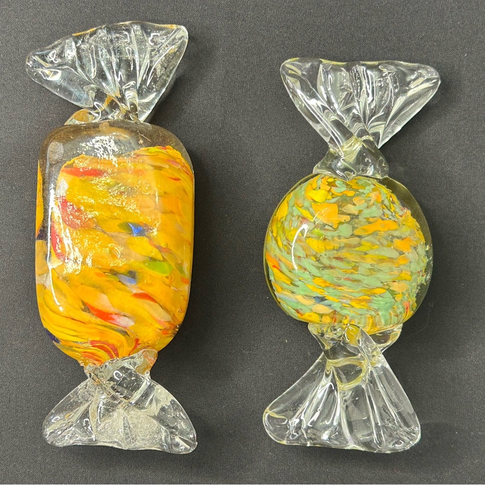 2 Hand Blown Art Glass Large Wrapped Candy Murano? Vintage Paperweight